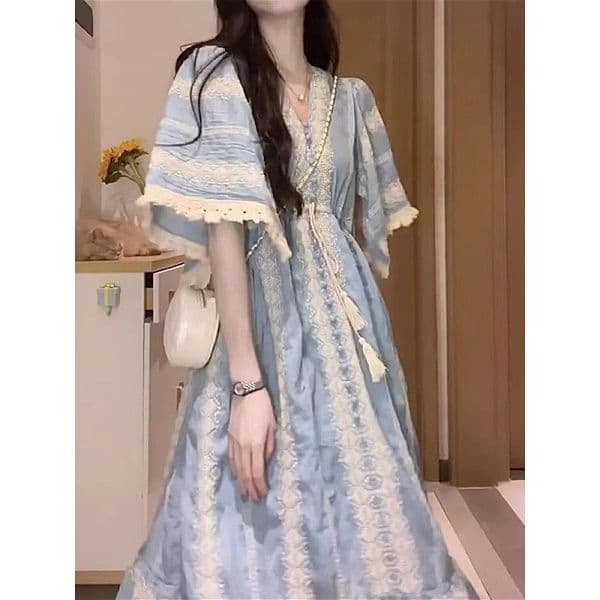 632 Large French ethnic style dress women's summer loose slim holiday beach long short-sleeved dress