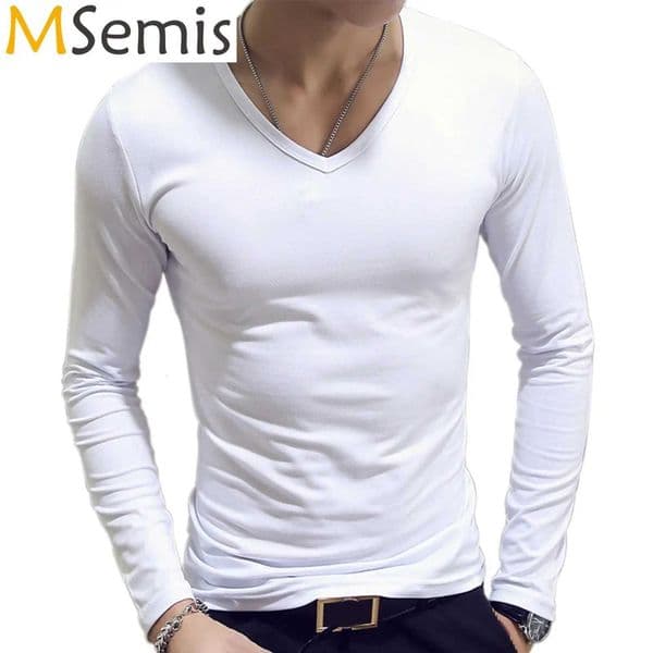 Mens Clothing Fashion V Neck Slim Fit Tshirt Long Sleeve Simple Classic Style Undershirt Casual Solid Color Tees TopsXJ251020
