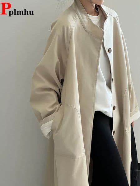 Baggy Stand Collar Trench Coat Elegant Womens Casual Loose Casaco Outerwear Korean Fashion Single Breasted Parkas Abrigos 251018