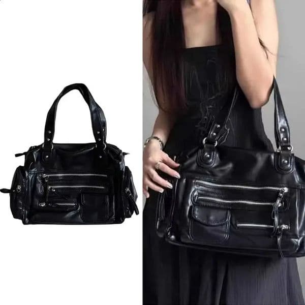 Vintage Punk Women Tote Bags Trend Large Capacity Crossbody Shoulder Bags Mujer Moto Style Multi Pockets Commute Bolso 251013