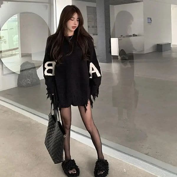Letter Long Knitted Sweaters for Women Turtleneck Black Torn Female Pullover Clothes Sale All Harajuku Basic Youthful Top 251020