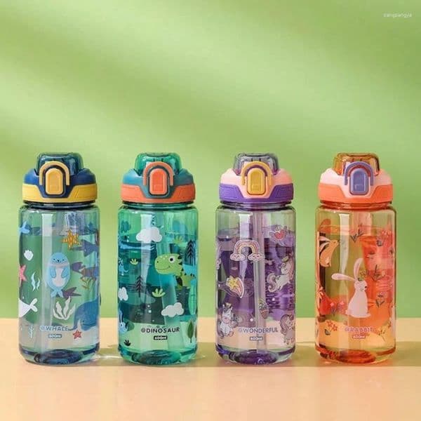 Water Bottles Cute Cartoon Bottle With Bounce Lid Leak-Proof Plastic Cup For Outdoor Sports Camping School Office Travel Essential