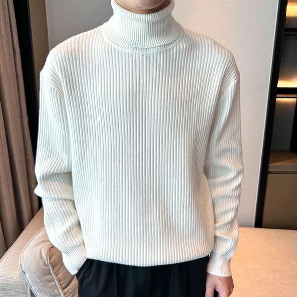 Casual Pullover Men Knit Turtleneck Sweater Autumn Winter Jacquard Striped Solid Korean Fashion Streetwear Clothing 251016