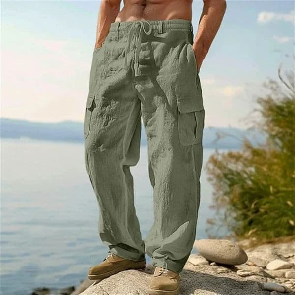 Mens Casual Trousers Loose Comfortable cargo pants Pants Man Cotton Linen multipocket Straight trousers Beach thin men Pants 251020