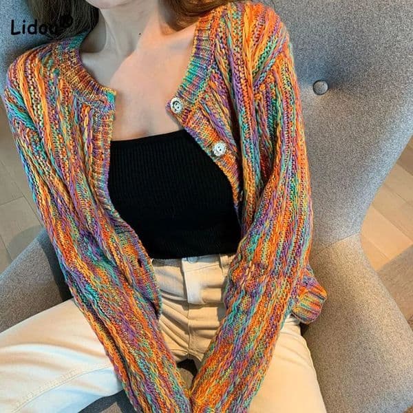 Womens Temperament Fashion Rainbow Color Autumn Winter Korean Loose Long Sleeve Button Knitted Cardigan for Female Sweater 251014
