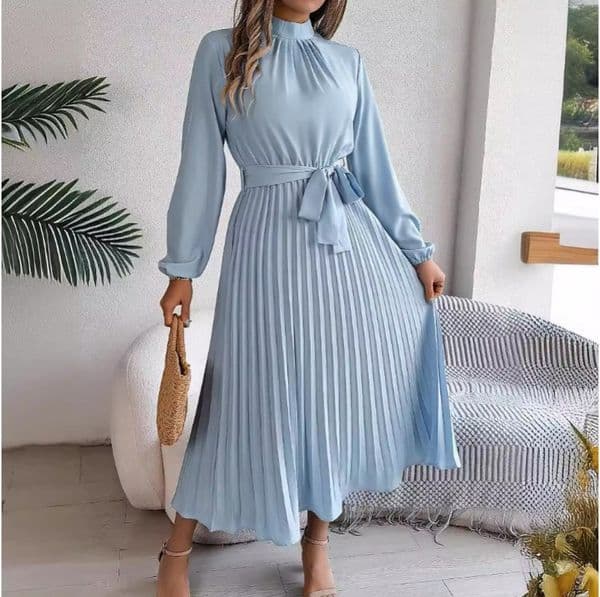 (1127) European and American Autumn and Winter Elegant Stand-collar Long-sleeved Waist Pleated Long Skirt