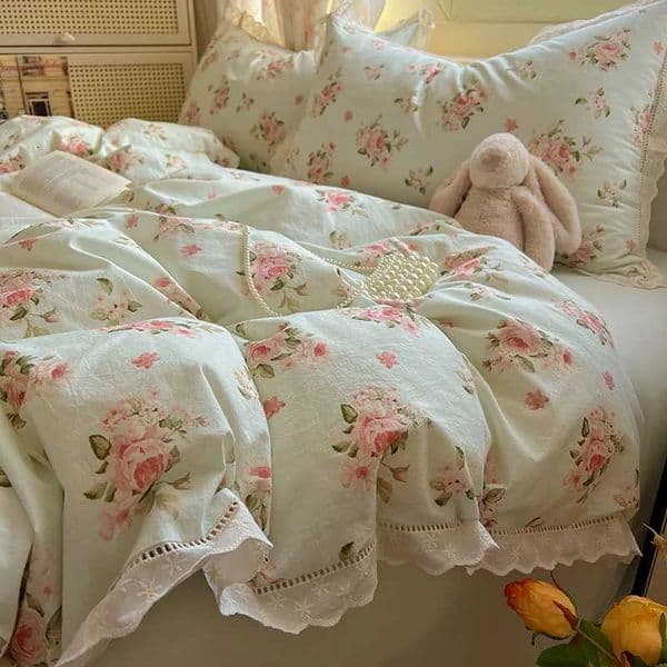 Washed Cotton Duvet Cover Sets SingleQueenking Flower Printed Bedding Set Princess Style e housse de couette 220x240 with Lace W251021