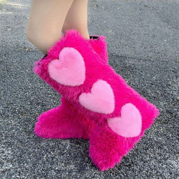 Women's With Fleece Lining Plush Furry Collar Thickened Round Toe Cutouts, Pink Black Heart Pattern, Soft Fabric Upper Non-Slip Rubber Sole Cozy & Ice