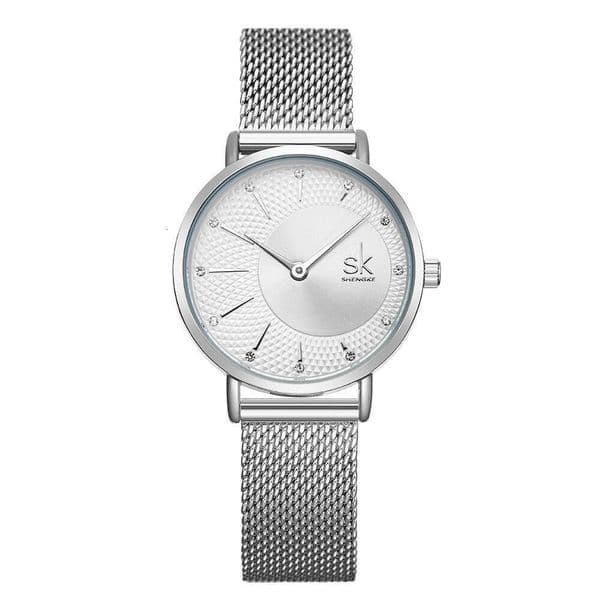 DHwatches SK Women's with Diamond-Studded Rivets, Diamond Pattern Dial, Steel Mesh Strap, 2-Hand Quartz Watch 0093