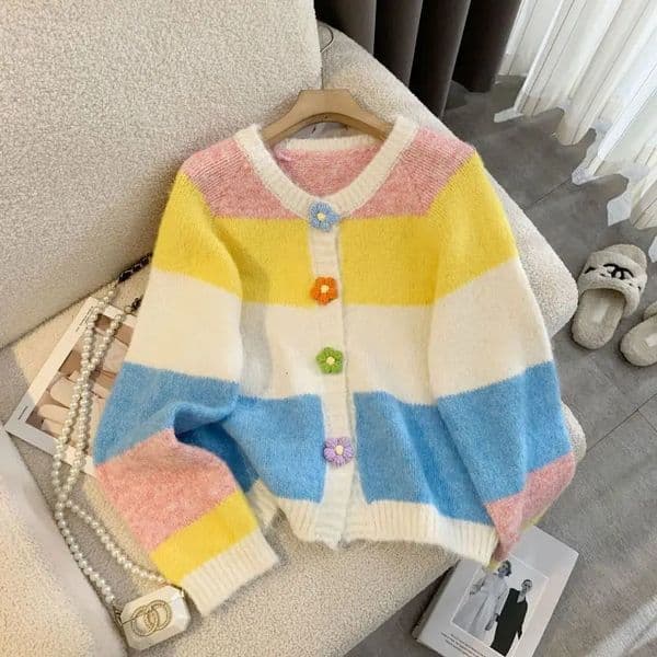 Women Autumn Winter Rainbow Striped Floral Button Knitted Cardigan Female Korean Style Sweet Casual Cardigans Sweaters 251014