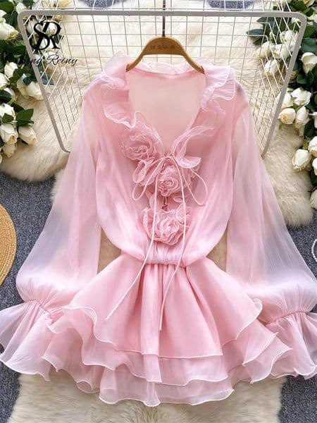 SINGREINY 3D Floral Beach Short Dress Female Long Sleeves Lace Up Ruffle Chiffon Cake Sundress Sheer Sexy Vintage Bohemian Dress 251013
