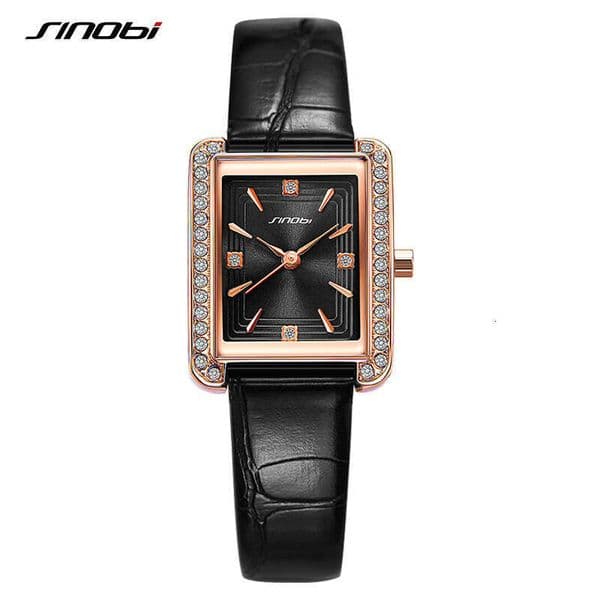 DHwatches Sinobi Women's Elegant Diamond-Encrusted Light Luxury Small Square Leather Strap Quartz Waterproof Watch 9847