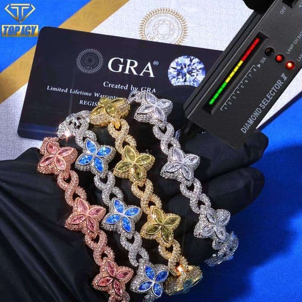 Sier Bracelet with VVS D Moissanite Unisex Elegant Marquise Flower and Clover Hip Hop Style Colorful Jewelry