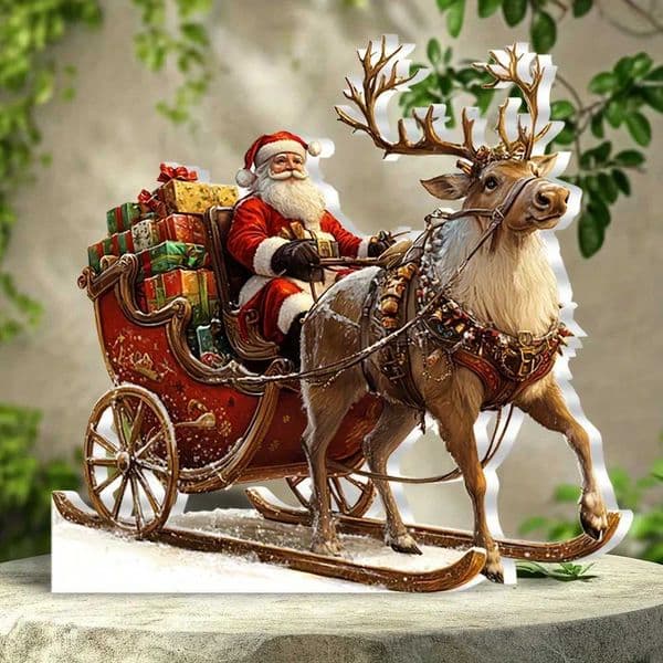 1pcs Christmas Reindeer Sleigh Santa Figurine 2D Acrylic Christmas Santa Claus on Sleigh Decoration Holiday 2025 Party SuppliesXJ251021
