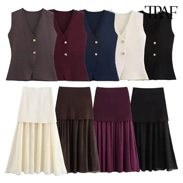 Womens Funky Suit Gold Button Knit Womens Vest Crinkle Embellished Long Skirt Street Style Elegant Womenswear 251014