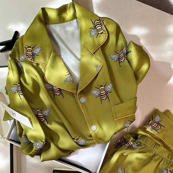 Womens Pajama Set Spring Autumn 2 Piece Pyjama Bee Print Pocket Faux Silk Satin Sleepwear Long Sleeve Pijama Mujer Pjs Homewear1 Y251104