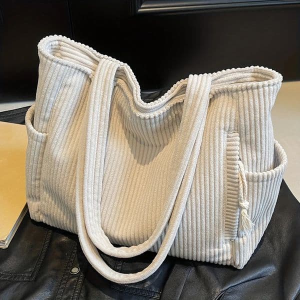 Durable Soft Corduroy Womens Casual Tote Bag MultiCompartment Zipper Closure Commute Shoulder Bag For Women i251021