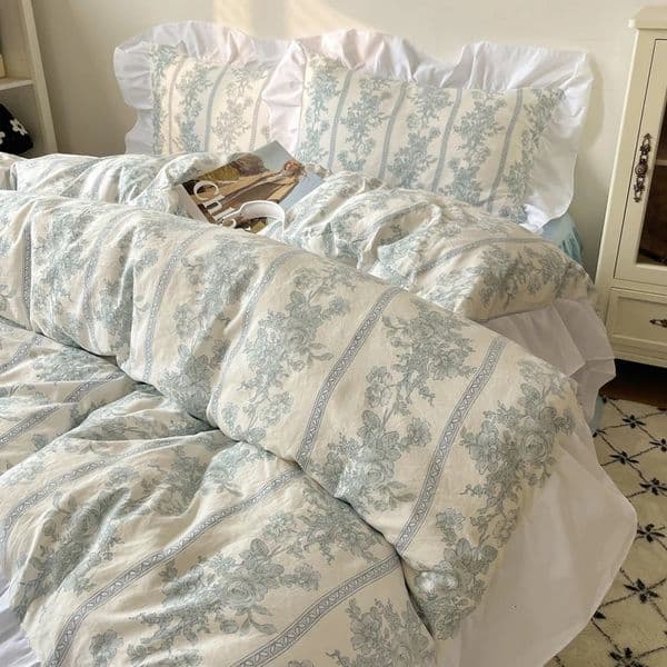 Korean Style Princess Floral Washed Cotton Bedding Set Vintage French Pastoral Flowers Lace ruffles Duvet Cover Set Pillowcase 251018