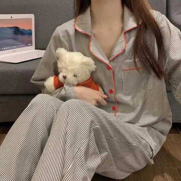 Pyjama respirant manches longues pour femmes vtements de nuit pour tudiants cardigan rayures grises vtements dintrie Z251021