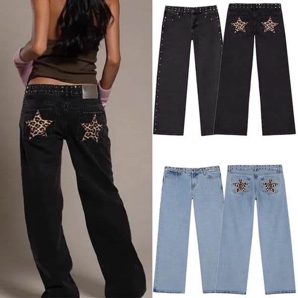 Women Y2K Vintage Jeans Patchwork Leopard Star Pattern Metal Rivet Female Baggy Casual Straight Leg Pant Clothing 251017BANJIA