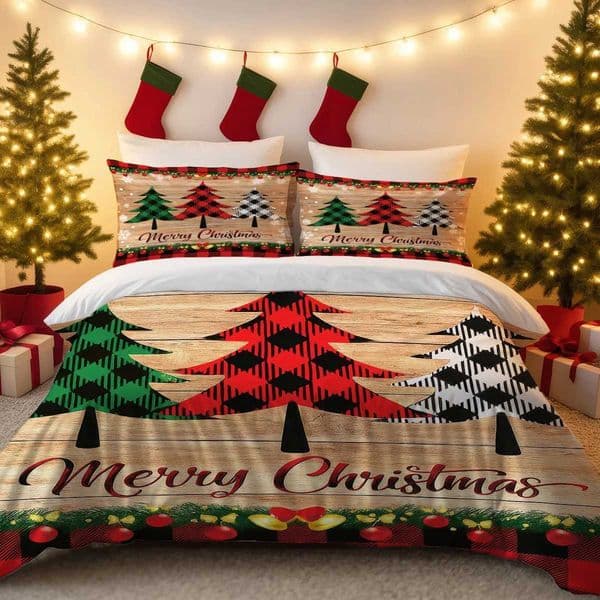 3pcs Checkered Christmas Tree Print Coreless Duvet Cover Set Multiple Sizes Bedrooms Dormitories Comfortable Machine Washable W251021