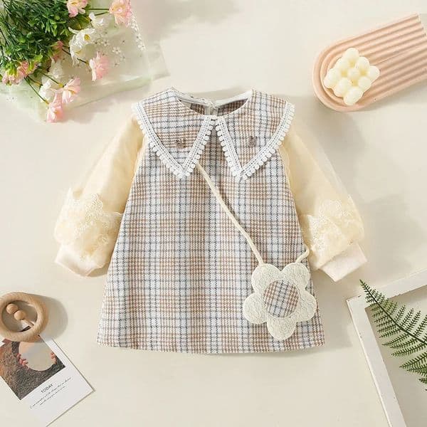 Winter Baby Girls Dress Bubble Sleeve Lapel Plaid Pattern Fake Two Diagonal Treasure Flower Sweet Princess Dress 251016BJ