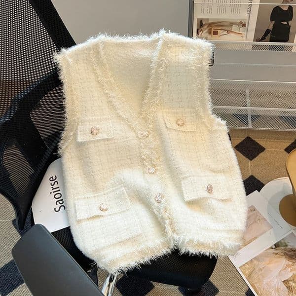 Glittery Knit Ves for Women Soft Fuzzy ButtonDown Pocket Sleeveless Plaid Jacket Coat Fall Winter Outfit 251017BANJIA