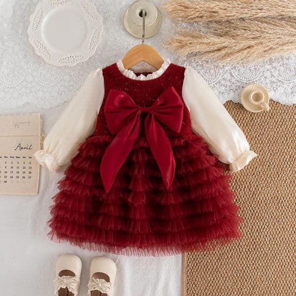 Baby Girl Dress SpringFall BowTie Tulle LongSleeve Girl Dress Adorable Christmas Baby Dress Baby Girl Clothing 251022