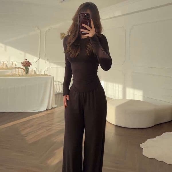 Summer New Women's Round Neck Solid Color Wide-Leg Pants Elegant Commuting Fashion Set B5