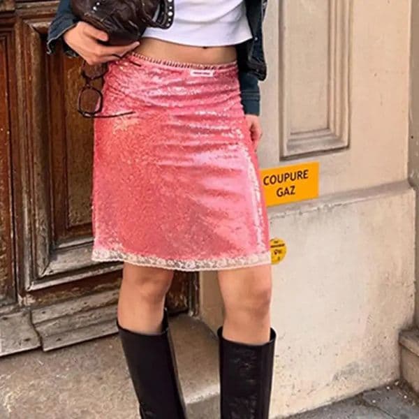 Vintage Sweet Pink Sequin Skirt for Women Simple Slim Fit Bodycon Skirts 2025 Summer Allmatch Faldas Sexy Mujer 251022