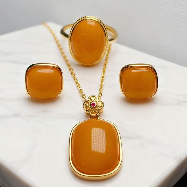 Eternal Love Amber Jewelry Set: Necklace, Earrings & Ring in Rose Gold Plated Sterling Silver with Natural Baltic Amber