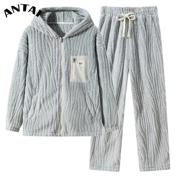 Mens Sleepwear Suit Coral 8 Plus Size Brathable Soft Warm Hooded Cardigan Home Clothing Male Pajamas Solid Long Sleeves Pants 251021
