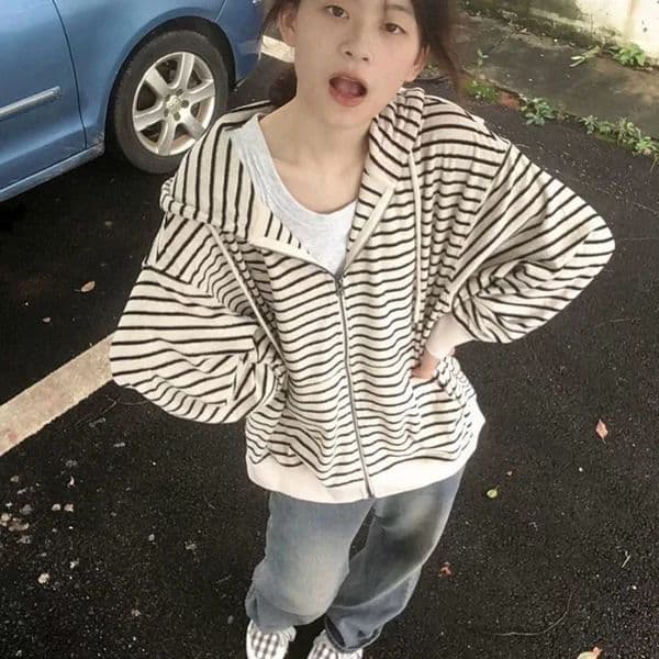 Deeptown Vintage Striped Hoodies Oversized Women Harajuku Hippie Zip Up Sweatshirts Korean Fashion Casual Cardigan Streetwear 251016BJ