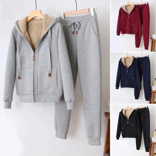 Womens Sweatshirt Pants Suit Autumn and Winter Warm Longsleeved Fleece Thick Hoodie Coat Jogger Pants Sportswear Twopiece SetT251022