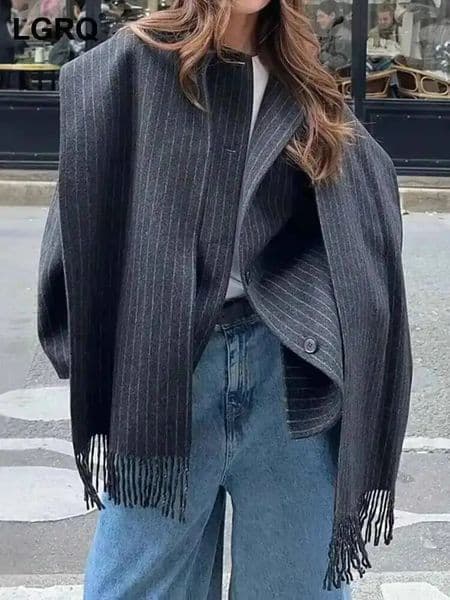 LGRQ winter fashion women thin clothes scarf striped single breasted woolen short jacket female top WQ1002802 251021