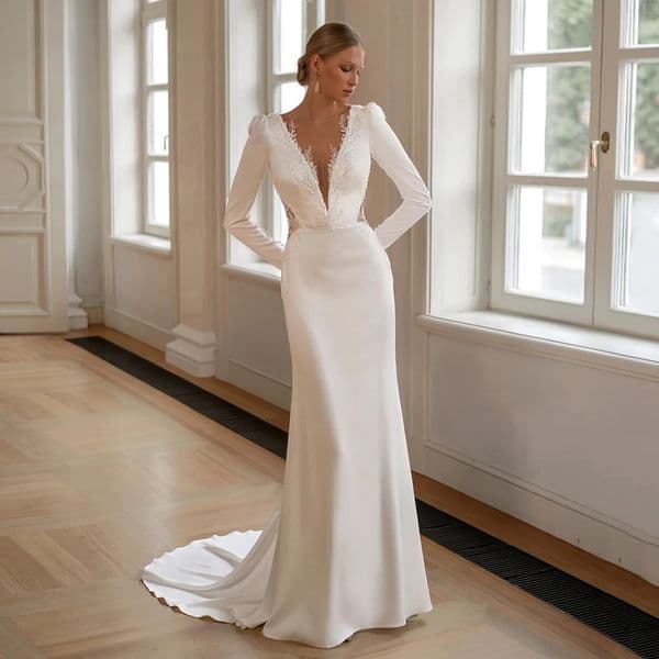 Sexy Mermaid Wedding Dress 2026 Deep V Neck Full Sleeve Beading Applique Sweep Train Back Zipper Button Satin Bridal Gowns Vestidos De Noiva