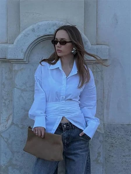 Chic Waist Cinching Lapel Shirt Woman Solid Color Irregular Hem Long Sleeves Slim Top Casual Commuting Versatile Womens Shirts 251022