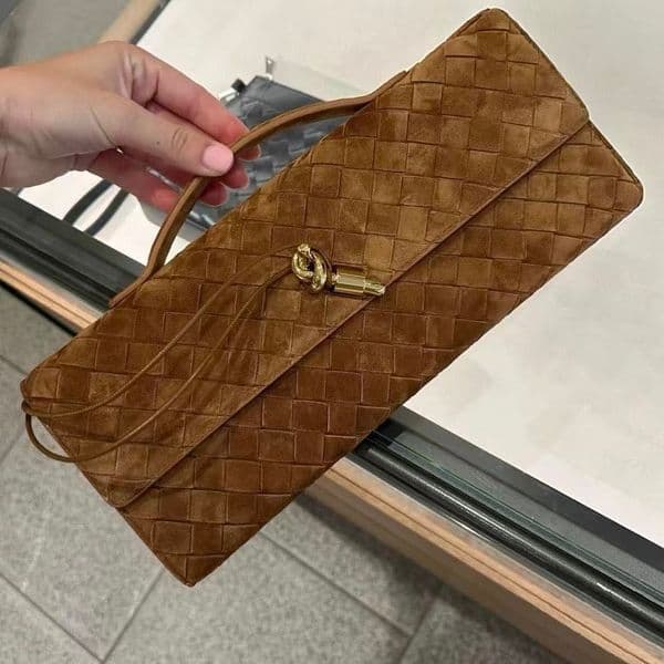 Real Suede Evening Long Andiamo Clutch With Handle Intrecciato Craft Cow Leather Girl Shoulder Bags Purses And Handbags Luxury Design Party Wallet 3421
