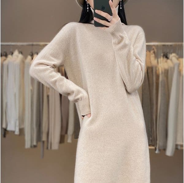 (1143) Autumn and Winter New Pure Wool Pile Collar Knitted Dress Solid Color Loose Mid-length Skirt