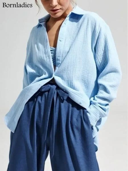 Bornladies 2025 Womens Spring Summer 100 Cotton Shirts Office Lady Fashionable Solid Lady Long Sleeve Loose Tops Crepe Shirts 251022