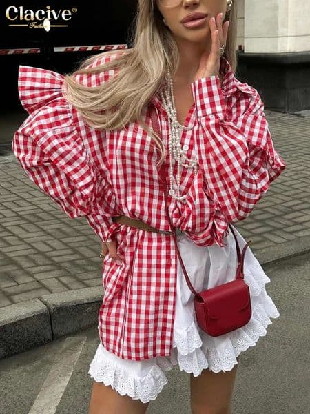 Clacive Fashion Loose Plaid Cotton Women Blouse Casual Lapel Long Sleeve Shirts Elegant Classic Ruffle Top Female Clothing 251022