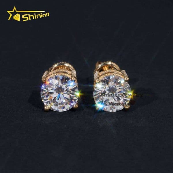 Out Pass Dia Tester Men VVS Moissanite 10K Soild Gold Screw Back 6.5MM Side Iced Earrings Studs