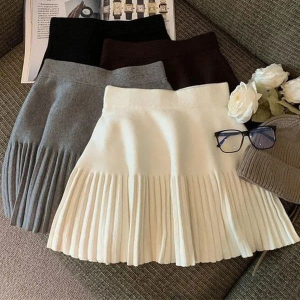Pleated Mini Skirts Korean Sweet Knitted Elastic Waist Ladies Casual Youthful For Womens Clothes Solid Fashion 251022