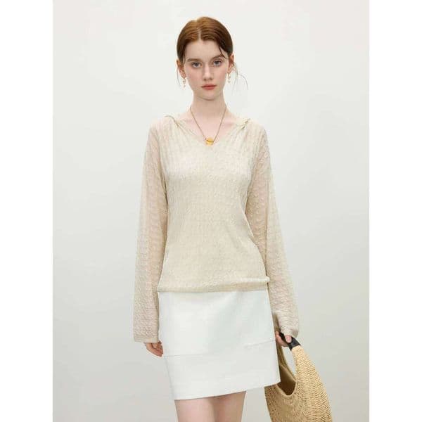 Thin Hooded Knitted Tops 2025 Spring Women Apricot Drop Shoulder Bell Sleeve Cable Knit Pullovers 25Fs11365