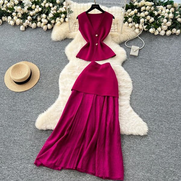 YuooMuoo Fashion Two Piece Suits for Women Summer Lady Elegant Patchwork Aesthetic Long Skirts and Knitted Vest Tops 251020