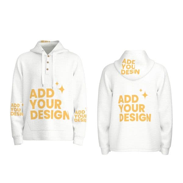 DHgatepod Men's Half-Button Hoodie - 300GSM All-Over Print Plush Pullover with Wooden Buttons & Dual Hood Design