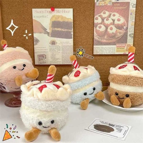 Cute Cake Plush Keychain Stuffed Hanging Ornament Funny Simulation Cake Doll Stuffed Hanging Birthday Gift for Children
