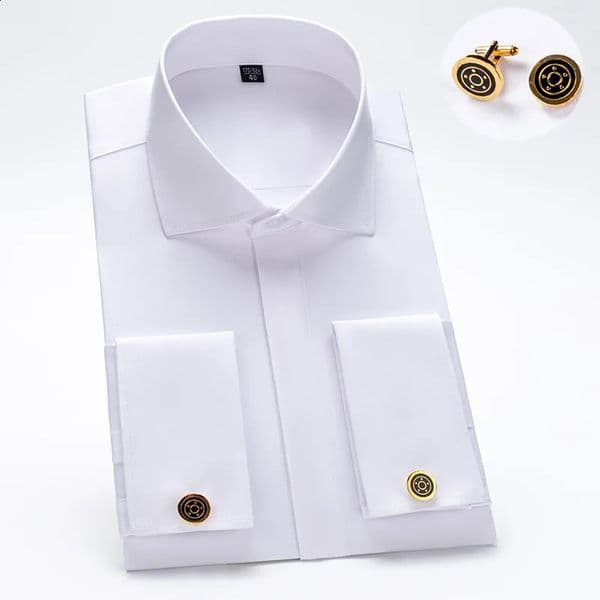 Windsor Collar French Cuff Dress Shirt Fashion Mens Long Sleeve Business Formal Shirts Covered Button Cufflink Shirt 251021