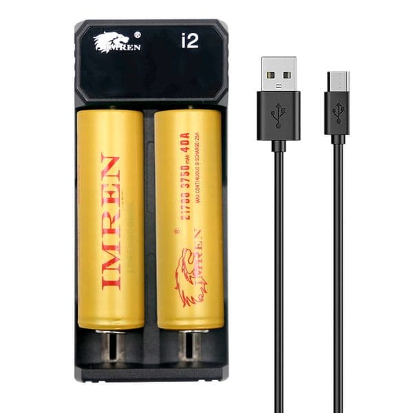 IMREN 2 Bay Battery Charger with 2 x 21700 Batteries 3750MAH 40A- Compatible with Various Sizes 3.7v battery 18650, 18500, 18350, 17670, 14500, 10440 21700