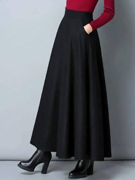 Autumn Winter Black Gray Large Size Woolen Long Skirt Women Fashion Korean Ladies Red High Waist Festival Pleated Aline Skirts 251022BJ
